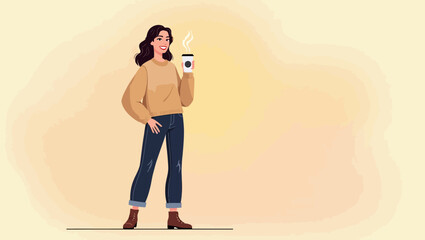 Vector girl with casual fall fashion holding takeaway coffee cup, smiling and standing with confidence, perfect for seasonal lifestyle scenes.
