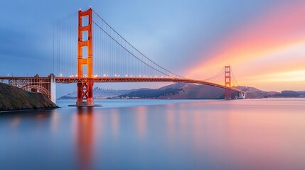 Obraz premium Golden Gate Bridge under mesmerizing sunset colors on tranquil water