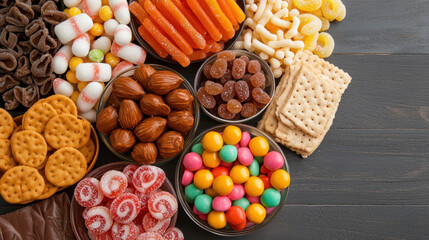 Colorful candy, biscuit, chocolate, and cracker assortment on wooden table, vibrant sweet snack background, joyful and inviting display