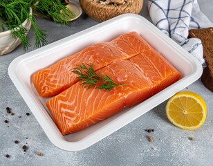Fresh Salmon Fillets in a White Container on a Rustic Surface