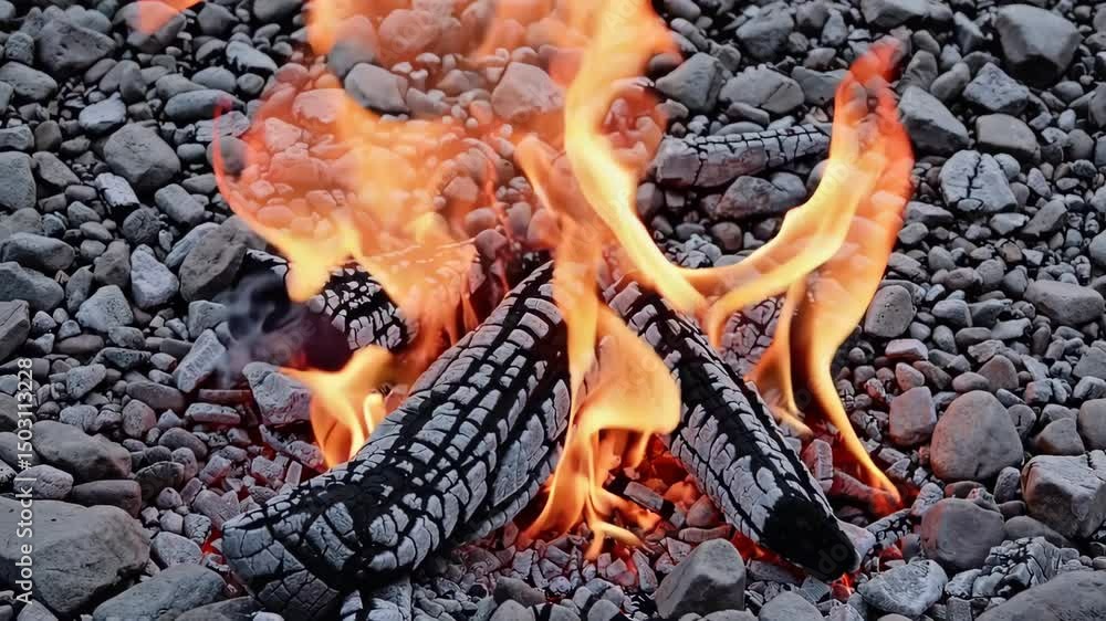 Poster dynamic flames dancing on pebbled surface captivating fire movement in highresolution