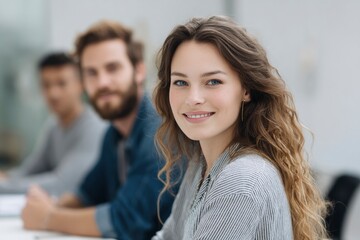 Fototapeta premium Smiling Woman with Colleagues: A Natural Portrait