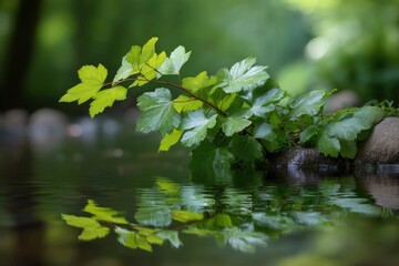 Serene Green Branch Reflecting in Tranquil Water: A Peaceful Nature Scene