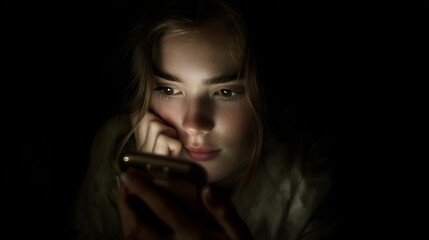 Teenager sitting alone in dark room, face lit only by phone screen, intense focus, cinematic shadow contrast, natural skin tone, perfect hand holding phone, hyper-realistic emotion, fine art 