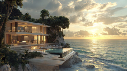 Fototapeta premium Luxurious oceanfront property with stunning sunset views and modern architecture