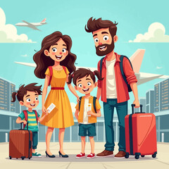 Happy family at the airport ready to travel, holding passports and tickets with luggage beside them.