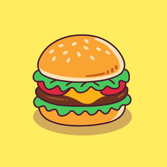 Big mac with cheese on a light background. Delicious cutlet in a bun with sesame seeds and herbs. Sandwich, fast food, quick bite. Modern vector illustration.