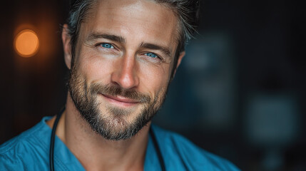 Fototapeta premium A confident surgeon in blue scrubs, embodying expertise and dedication in healthcare.
