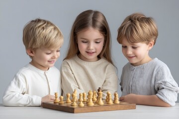 Children Concentratedly Playing Chess: A Serene Childhood Scene