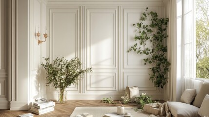 A sun-drenched, elegant interior space filled with greenery.