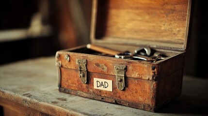 Vintage Toolbox with "DAD" Label, Fatherhood Memory Collection, Wooden Relic & Tools, Family Emotional Scene
