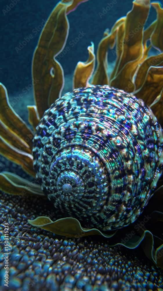 Poster close-up video of a colorful seashell with intricate patterns, surrounded by seaweed, captured from 
