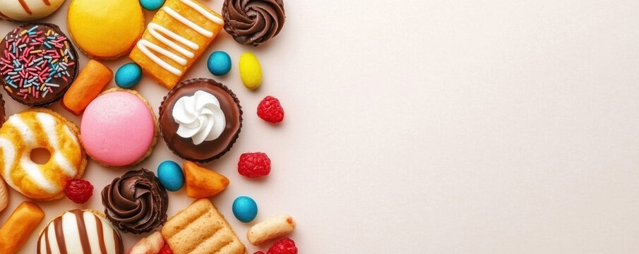 Colorful sweet snacks, cookies, donuts, cupcakes, and candies arranged on light background, creating festive and joyful mood