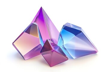 Iridescent crystals display an array of purple and blue hues against a clean, bright background