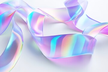 Iridescent ribbon gracefully twists and curves against a clean white backdrop, showcasing its shimmering surface