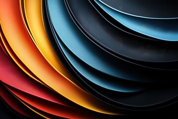 Layers of textured red, yellow, orange, blue, and black surfaces subtly curve inwards