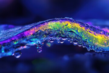 Iridescent, frozen condensation glistens with yellow, green, and pink hues against a dark blue background
