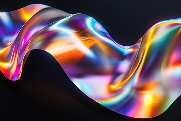 Luminous holographic ribbon curves and ripples on a dark backdrop creating a vibrant colorful flow