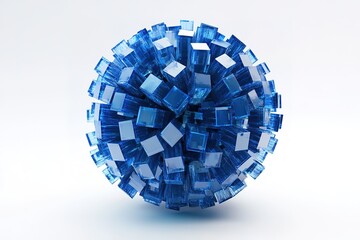 Many vibrant blue cubes form a spherical shape that seems to float on white