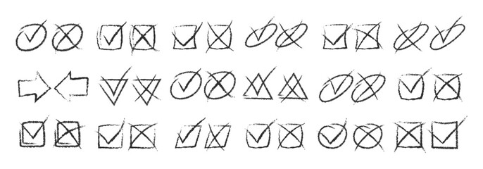 Pencil Color Check Box Vector Set. Chalk Scribble Tick Mark Shapes Collection. Colorful Hand Drawn Brush Texture Checkmark Highlight Squiggle. Pencil Emphasis Elements Charcoal Doodle Frames Bundle