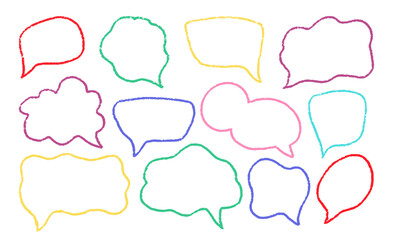 Crayon Speech Bubbles Vector Set. Chalk Scribble Talking Clouds Shapes Collection. Pastel Colors Hand Drawn Brush Texture Dialogue Frames. Pencil Emphasis Elements Charcoal Doodle Talk Balloons Bundle