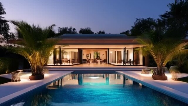 Symmetrical view of villa fa&ccedil;ade and pool under evening light