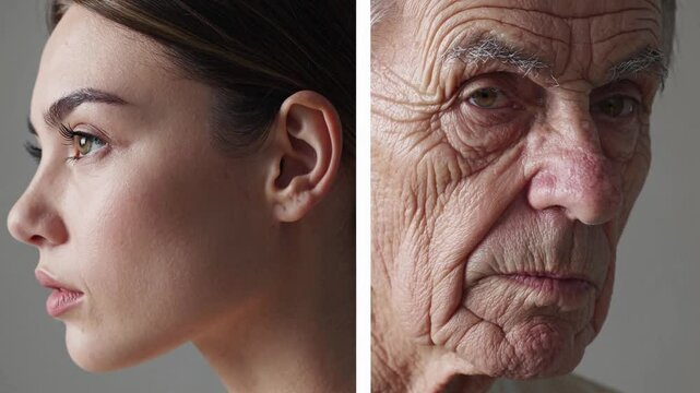 Exploring the contrast of youth and age through expressive faces in a visually striking split frame