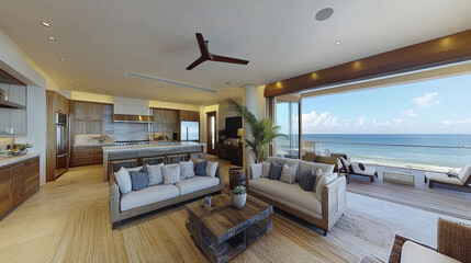 Fototapeta premium Luxurious oceanfront living room with modern decor and stunning views