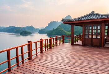 Elevated wooden deck overlooking serene Hangzhou lake, green mountains backdrop, platform, horizon