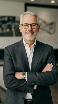 Confident Middle-Aged Caucasian Man in Business Attire Smiling with Crossed Arms in Modern Office Setting