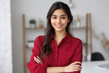 Confident Woman in Red Dotted Shirt: A Portrait of Positivity