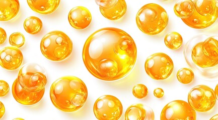 Golden spheres, translucent,  floating on white