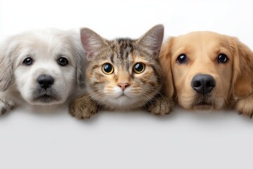 Adorable Golden Retriever Puppies, Tabby Cat:  A heartwarming pet portrait