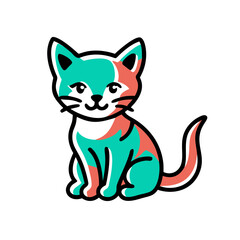 Cute kitten illustration, teal and coral, for children's books