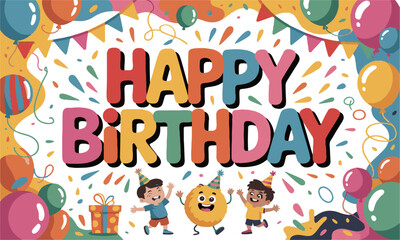 A colorful 'Happy Birthday' text in a playful modern vector cartoon style with bold, easily scalable and editable.