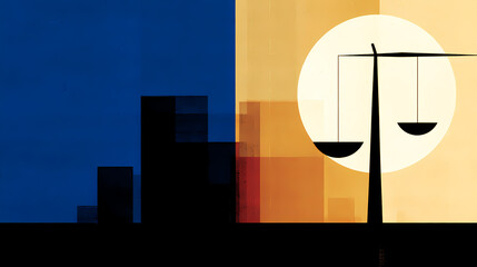 A visual representation of a balance scale comparing renewable energy sources and financial prosperity against a city skyline backdrop. visual balance. Illustration