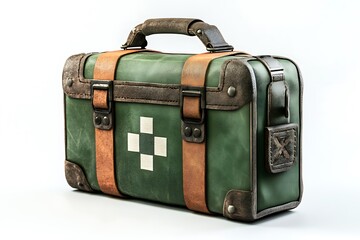 A green first aid box with a white cross and brown straps on a plain white background studio shot