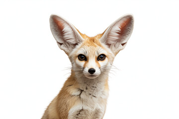 Photorealistic close-up of a Fennec fox with large ears and soft fur on white background

