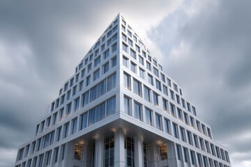Obraz premium Modern Pyramid Office Building: Architectural Design Under Cloudy Skies