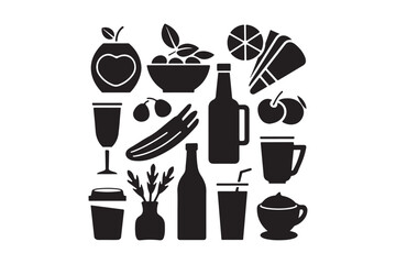 Healthy Food and Drink Silhouettes Vector Icons of Fruits, Vegetables, and Beverages