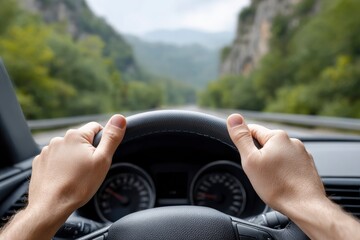 Driver's Hands Gripping Steering Wheel, Scenic Road Ahead