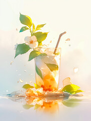Green smoothies for health and beauty and some ice cubes on top, surrounded by jasmine flowers. Detox smoothie. Gardens dominate the background, creating a sense of space. Health concept.Generative AI