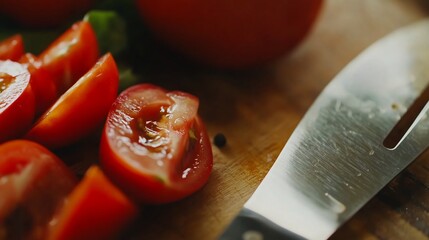 Freshly Cut Tomatoes with Culinary Knife on a Rustic Wooden Board