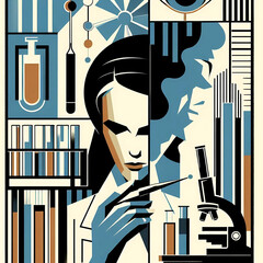 Obraz premium Retro-Futuristic Vector Illustration of a Female Scientist Working in a Laboratory with Microscope and Test Tubes, Surrounded by Futuristic Scientific Graphics and Molecular Data Visualization