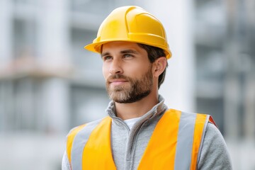 Construction Worker: Pensive Gaze, Yellow Hard Hat, Safety Vest