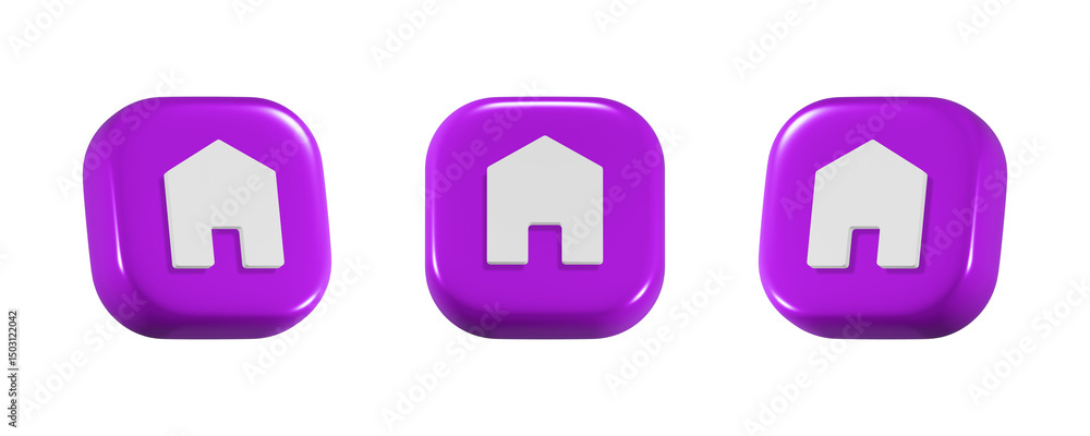 Poster 3d home button icon on purple cube three points of view isolated on transparent background