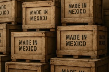 Stacked wooden crates labeled Made in Mexico in a rustic warehouse setting