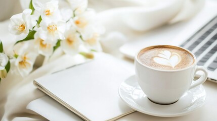 Serene Morning: Latte Art, Flowers, and Blank Notebook