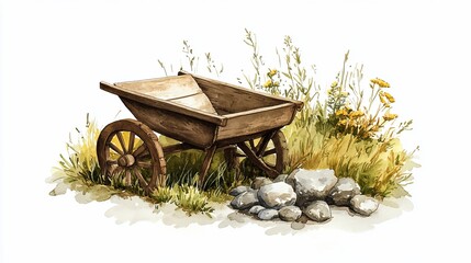 Watercolor painting showcasing an old wooden wheelbarrow, rocks and vegetation