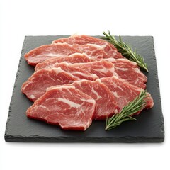 Raw pork slices isolated on white background with rosemary on slate